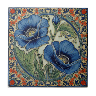 Art Nouveau Vintage Blauwe Papavers Bloem Tegeltje