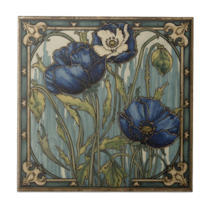 Art Nouveau Vintage Blauwe Papavers Bloem Tegeltje