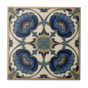 Art Nouveau Vintage Blauwe Papavers Bloem Tegeltje