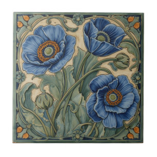 Art Nouveau Vintage Blauwe Papavers Bloemmotief Tegeltje