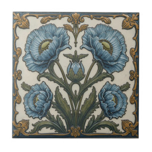Art Nouveau Vintage Blauwe Papavers Bloemmotief Tegeltje