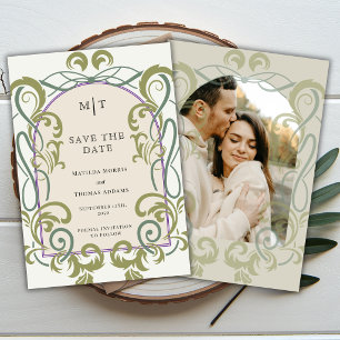 Art Nouveau Vintage Bloem Foto Initialen Bruiloft Save The Date