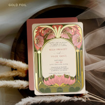 Art Nouveau Vintage Bloem Pink Groen Goud Bruiloft