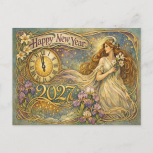 Art Nouveau Vintage Bloemige Gelukkig Nieuwjaar 20 Feestdagenkaart