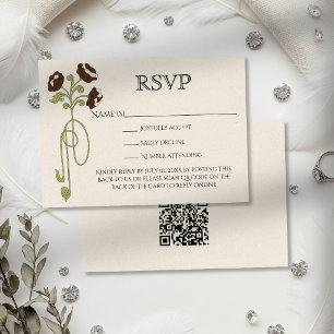 Art Nouveau Vintage Bruine Beige Bloemen QR Code RSVP Kaartje