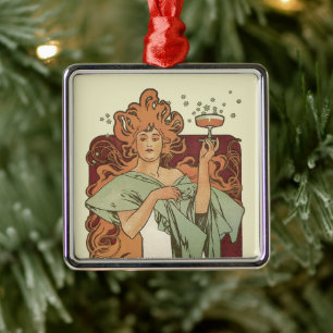 Art Nouveau vintage, champagne van Alphonse Mucha Metalen Ornament
