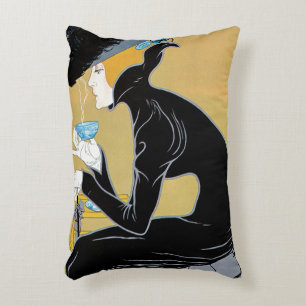 Art Nouveau vintage, dame drinkt Marco Polo thee Accent Kussen