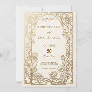 Art Nouveau Vintage Gouden Bloem Bruiloftsinvatie Kaart