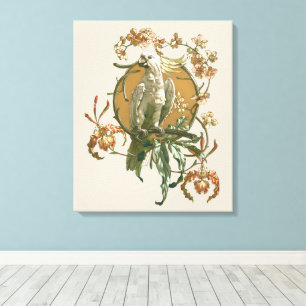 Art Nouveau vintage, kaketoe vogel, orchidee bloem Canvas Afdruk