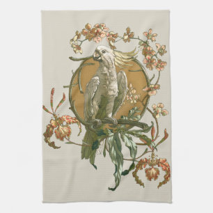 Art Nouveau vintage, kaketoe vogel, orchidee bloem Theedoek
