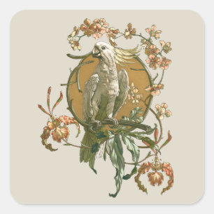 Art Nouveau vintage, kaketoe vogel, orchidee bloem Vierkante Sticker