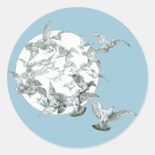 Art Nouveau Vintage Kudde Vogels met Volle Maan Ronde Sticker