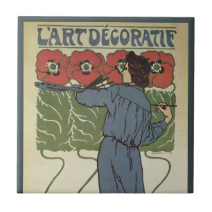 Art Nouveau vintage, kunstenaar schildert klaproze Tegeltje