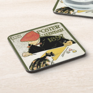 Art Nouveau vintage, kunstschilder met huisdier ka Bier Onderzetter