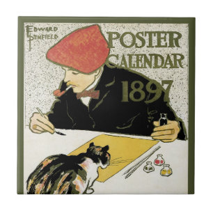 Art Nouveau vintage, kunstschilder met huisdier ka Tegeltje