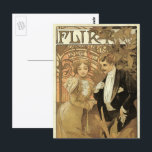 Art Nouveau vintage liefdesromantiek, flirten door Briefkaart<br><div class="desc">Vintage illustratie Franse Art Nouveau afficheontwerp voor Flirt Biscuits door Alphons Mucha. circa 1899. Dit liefdes- en romantiekadvertentieontwerp toont een pasgetrouwd bruidspaar dat flirt. De vrouw draagt een elegante Victoriaanse trouwjurk en de man is gekleed in een elegante,  chique smoking. Getrouwd na een lange verloving.</div>
