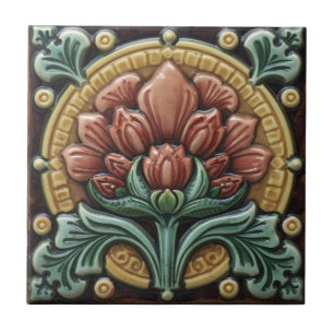 Art Nouveau vintage Majolica bloem ambachtslieden Tegeltje