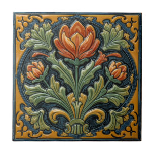Art Nouveau Vintage Majolica Bloem Ambachtsman Tegeltje