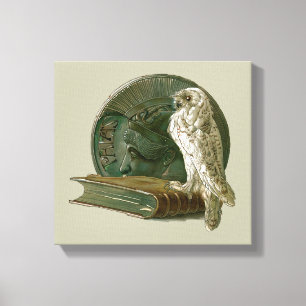 Art Nouveau vintage met een uil, munt en een boek Canvas Afdruk