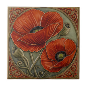 Art Nouveau Vintage Rode Klaprozen Bloemstuk Tegeltje