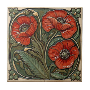 Art Nouveau Vintage Rode Klaprozen Bloemstuk Tegeltje