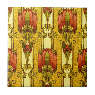 Art Nouveau Vintage Rode Tulp Bloempatroon Tegeltje