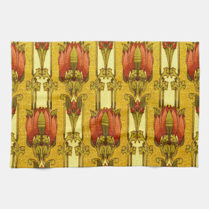 Art Nouveau Vintage Rode Tulp Bloempatroon Theedoek