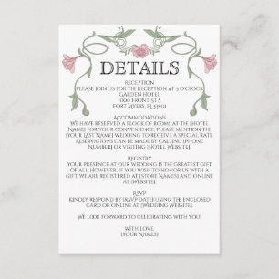 Art Nouveau Vintage Roze Bloemen Bruiloft Informatiekaartje