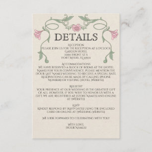 Art Nouveau Vintage Roze Bloemen Bruiloft Informatiekaartje