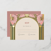 Art Nouveau Vintage Roze Groen Goud Trouw RSVP