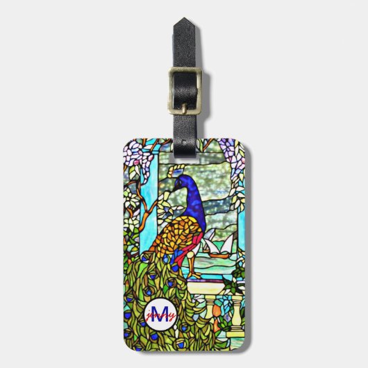 Art Nouveau VintageTiffany Glas in lood Peacock Bagagelabel (Voorkant verticaal)