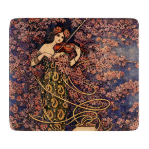 Art Nouveau Violist in Bloesem – Antieke Bloemenpr Snijplank
