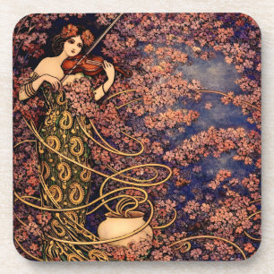 Art Nouveau Violist in Bloesem – Antieke Bloemenst Bier Onderzetter