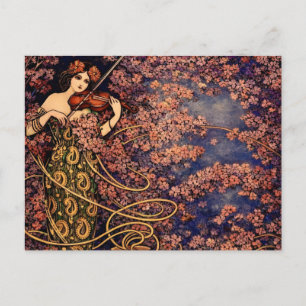 Art Nouveau Violist in Bloesems – Vintage Bloemstu Briefkaart