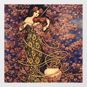 Art Nouveau Violist in Bloesems – Vintage Bloemstu Raamsticker