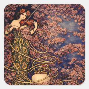 Art Nouveau Violist in Bloesems – Vintage Bloemstu Vierkante Sticker