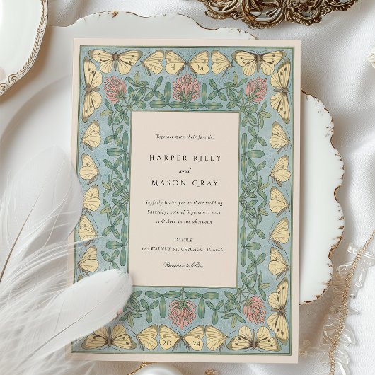 Art Nouveau vlinder en klaver bruiloft Kaart