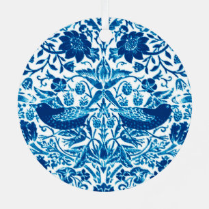 Art Nouveau Vogel- en Bloemtapijt, Blauw en Wit Metalen Ornament