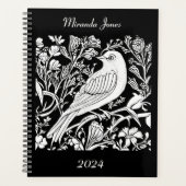 Art Nouveau Vogel op een Tak in Wit op Zwart Planner (Voorkant)