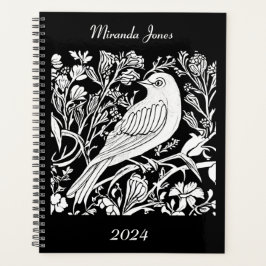 Art Nouveau Vogel op een Tak in Wit op Zwart Planner