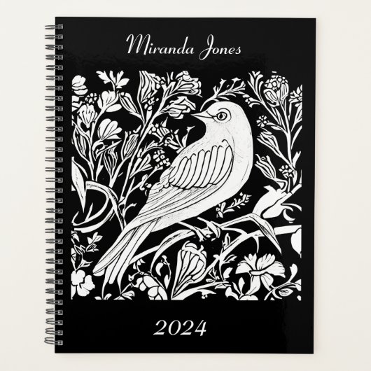 Art Nouveau Vogel op een Tak in Wit op Zwart Planner (Voorkant)