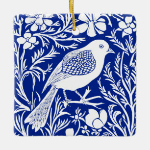 Art Nouveau Vogel op een Tak met Bloemen in Wit Keramisch Ornament