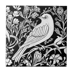 Art Nouveau Vogel op een Tak met Bloemen in Wit Tegeltje