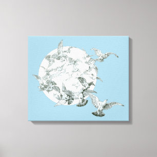 Art Nouveau vogelflok met volle maan Canvas Afdruk