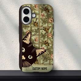 Art Nouveau Vogels Grappig Curious Cat Floral iPhone 16 Hoesje