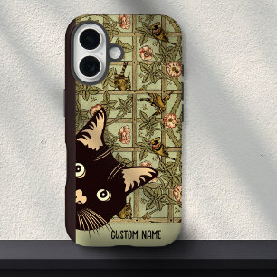 Art Nouveau Vogels Grappig Curious Cat Floral iPhone 16 Hoesje
