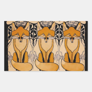 Art Nouveau Vossen Illustratie   Bos Dieren Rechthoekige Sticker