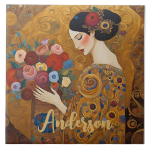 Art Nouveau Vrouw Bloemen Goud Tegeltje