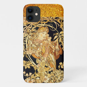 Art nouveau vrouw bloemenalfons mucha zwart goud Case-Mate iPhone case