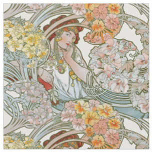 Art Nouveau Vrouw & Bloempatroon van Mucha Stof
